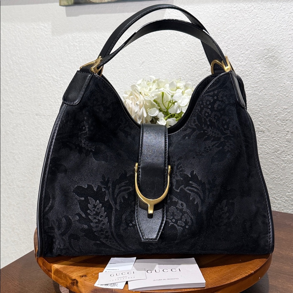 GUCCI Black Soft Stirrup Nubuck Black Suede Shoulder Bag